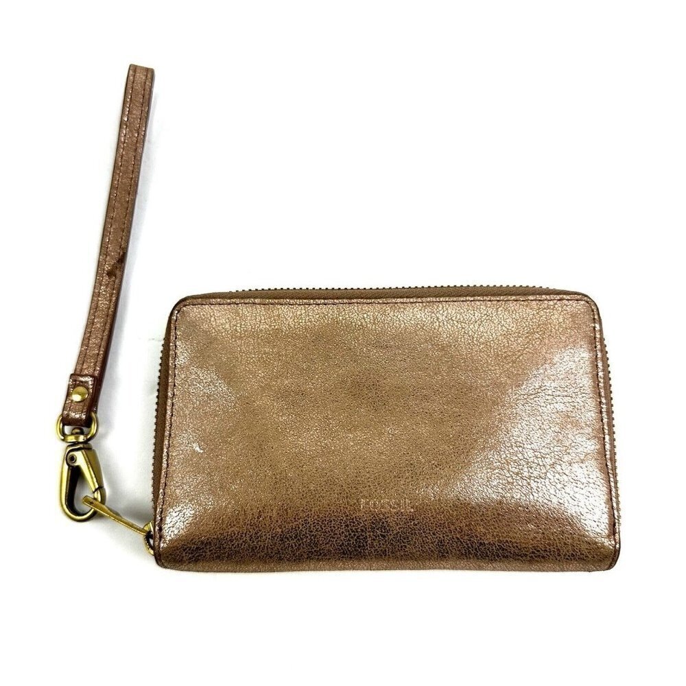 Fossil Emma Wallet Rose Gold Metallic Zip Around‎ Clutch Cell Phone Holder